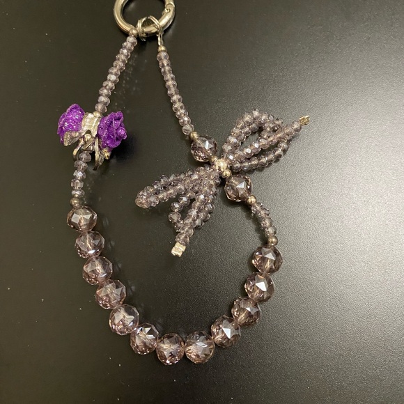 The Unbranded Brand Accessories - Purple Beaded Phone/Bag Charm with Bow Accent and purple rose